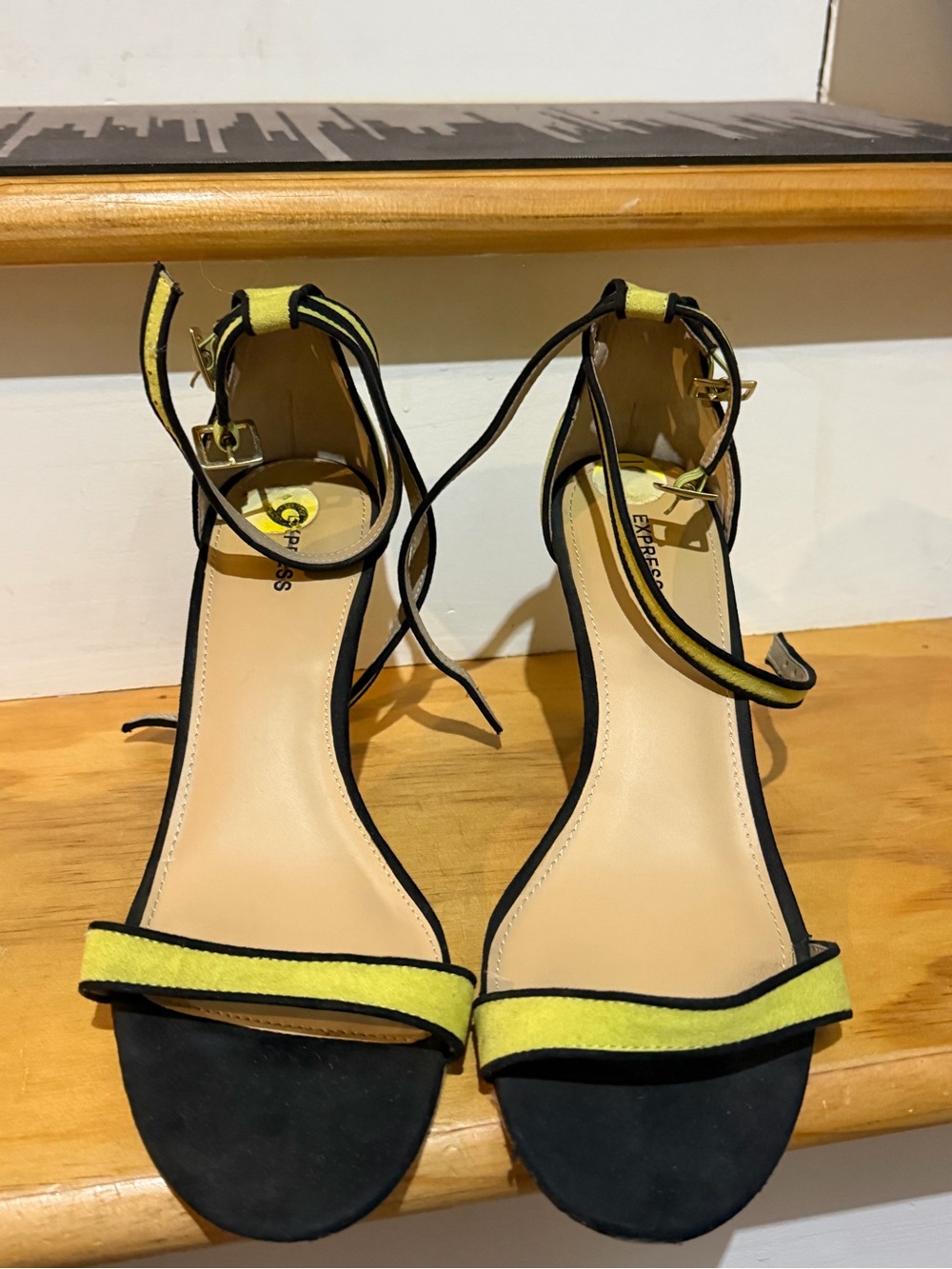 Express Women's Black and lime Ankle Strap Sandals size 9 y2k